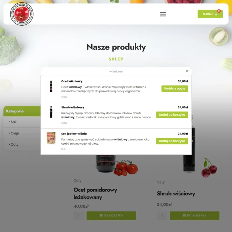Zrzut ekranu sklepu URBANEK - wyszukiwarka produktów z podpowiedziami
