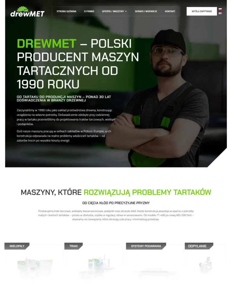 Zrzut ekranu strony DREW-MET - strona główna z hero i ofertą maszyn