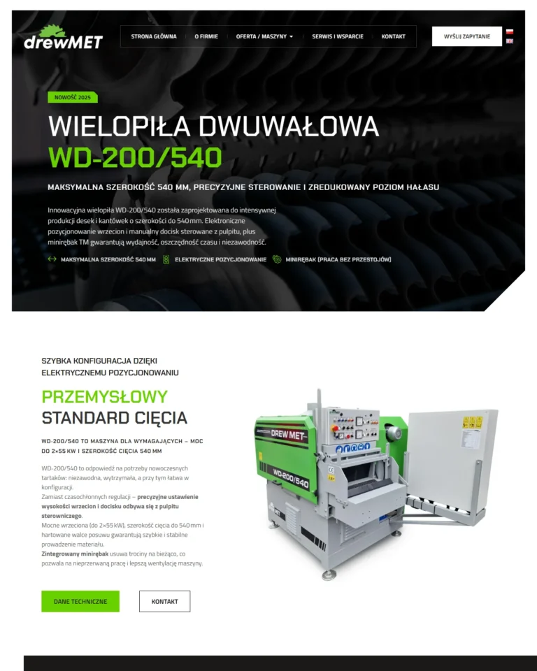 Zrzut ekranu strony DREW-MET - hero produktu WD-200/540 i opis maszyny