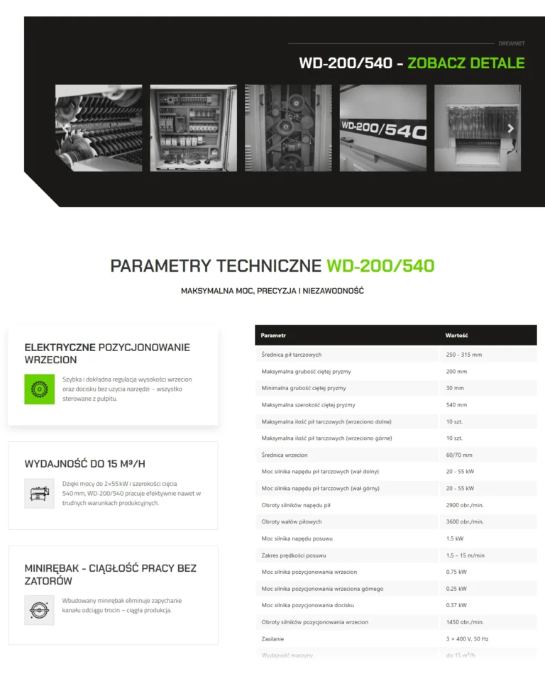 Zrzut ekranu strony DREW-MET - parametry techniczne WD-200/540