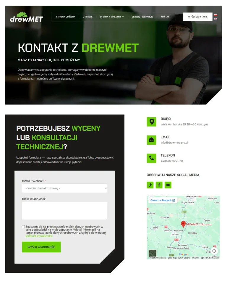 Zrzut ekranu strony DREW-MET - sekcja kontaktu i formularza zapytania