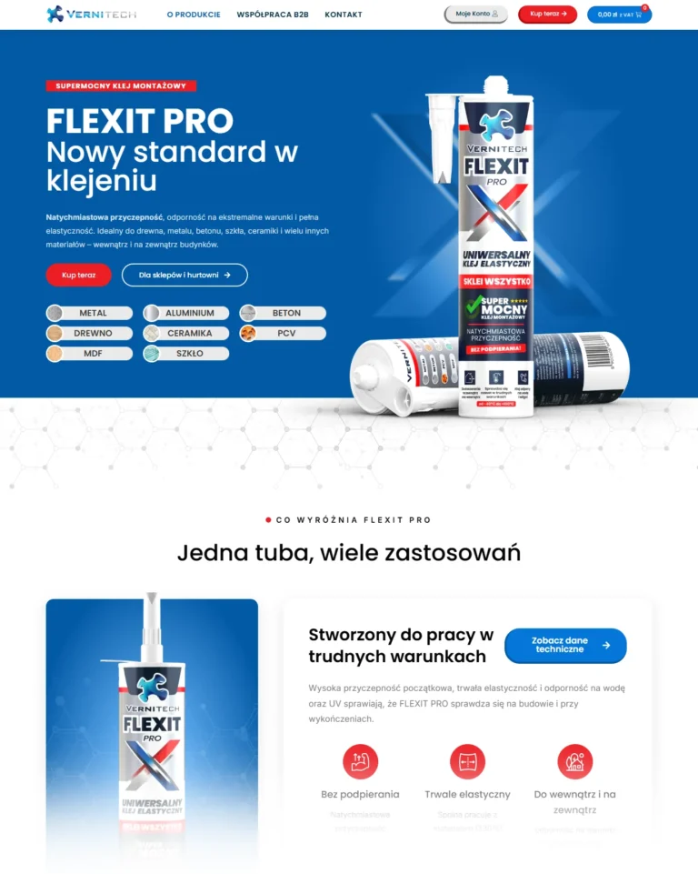 Zrzut ekranu FLEXIT PRO - hero strony z produktem i zastosowaniami kleju