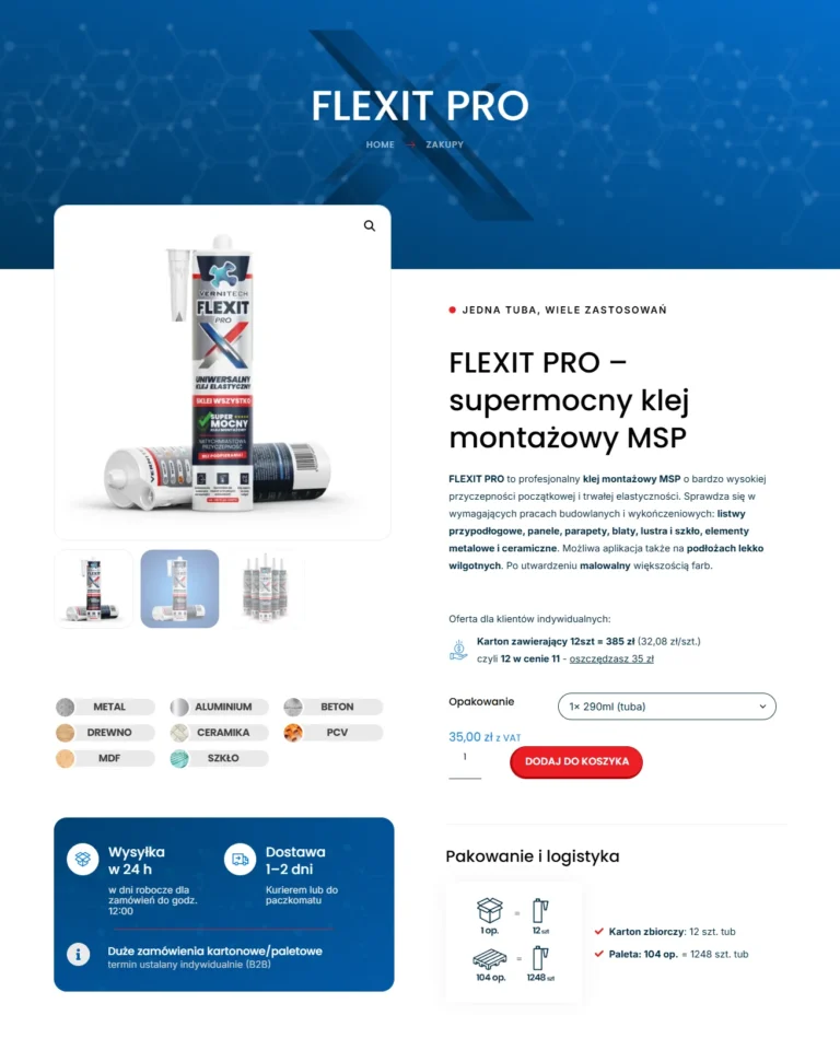 Zrzut ekranu FLEXIT PRO - karta produktu z galerią, ceną i pakowaniem