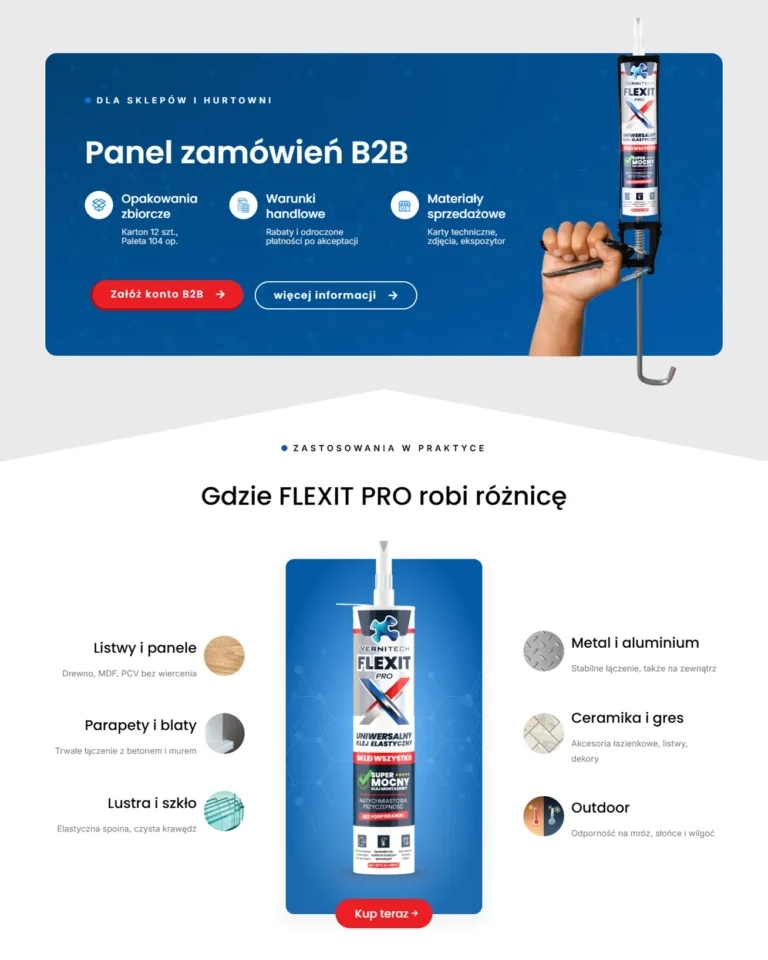 Zrzut ekranu FLEXIT PRO - panel zamówień B2B i sekcja zastosowań