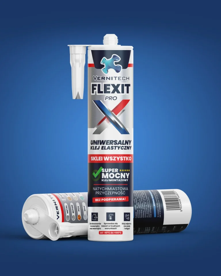 Grafika produktowa FLEXIT PRO - tuba kleju montażowego na niebieskim tle