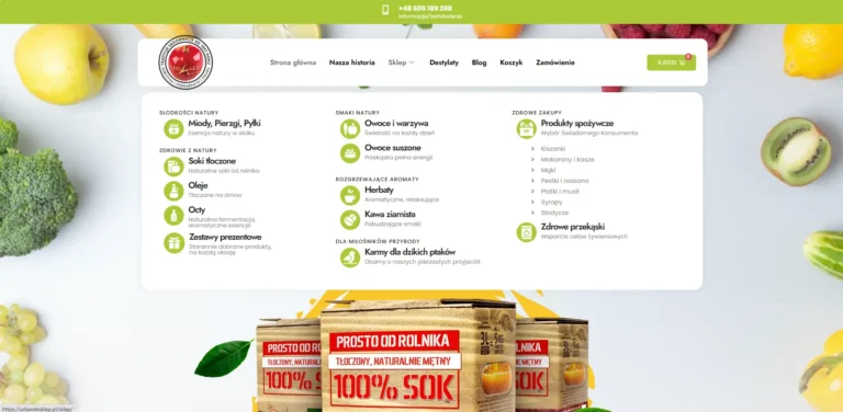 Zrzut ekranu sklepu URBANEK - rozwinięte menu kategorii produktów