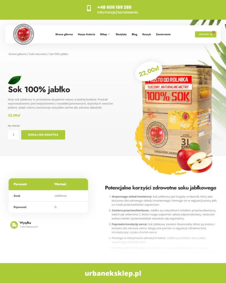 Zrzut ekranu sklepu URBANEK - karta produktu Sok 100% jabłko