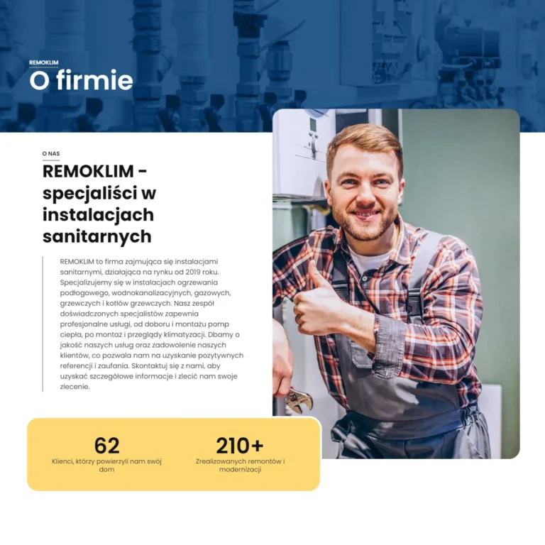 Zrzut ekranu strony HYDROKLIMA - sekcja O firmie z opisem specjalizacji i statystykami