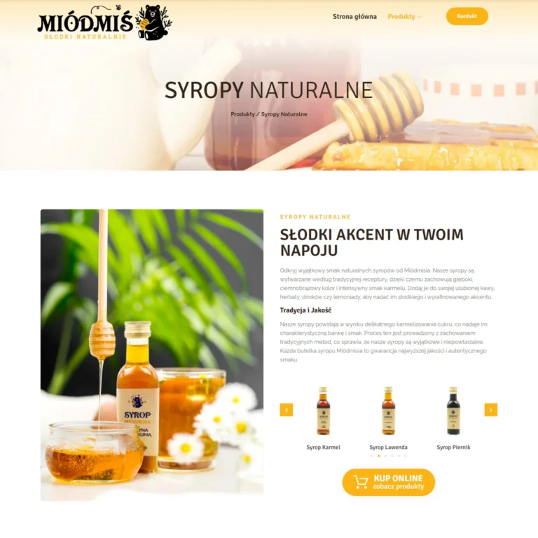 Zrzut ekranu podstrony MIÓDMIŚ - prezentacja syropów naturalnych z karuzelą produktów