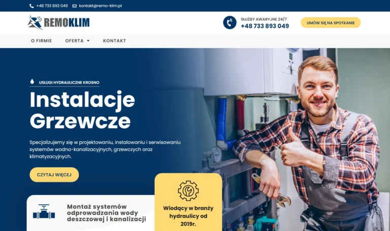 Zrzut ekranu strony głównej HYDROKLIMA - nagłówek o instalacjach grzewczych ze zdjęciem instalatora