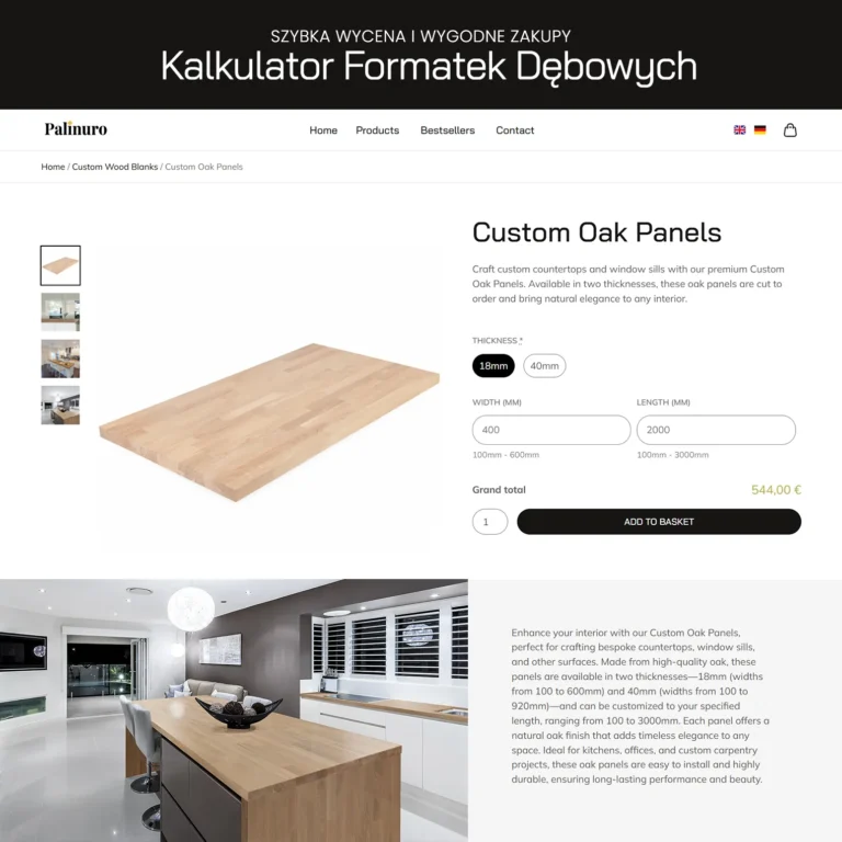 Zrzut ekranu EPALINURO - kalkulator formatek dębowych na karcie produktu