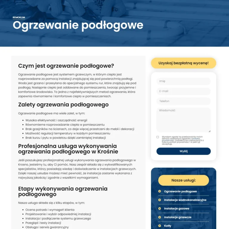 Zrzut ekranu podstrony HYDROKLIMA - opis usługi ogrzewania podłogowego z formularzem wyceny