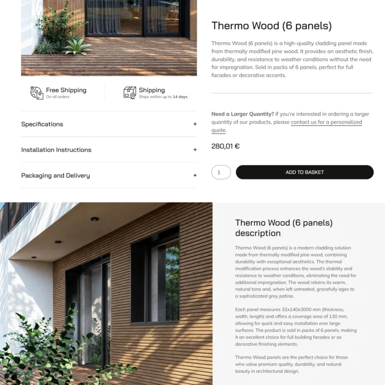 Zrzut ekranu sklepu EPALINURO - karta produktu Thermo Wood z opisem i koszykiem