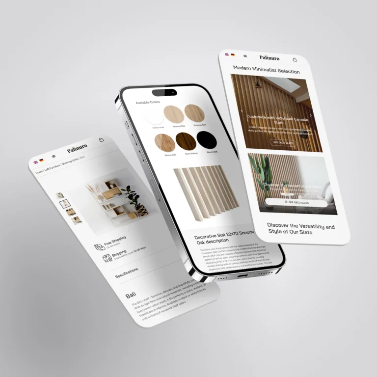 Mockup mobilnego sklepu EPALINURO z kartami produktów i wersjami językowymi