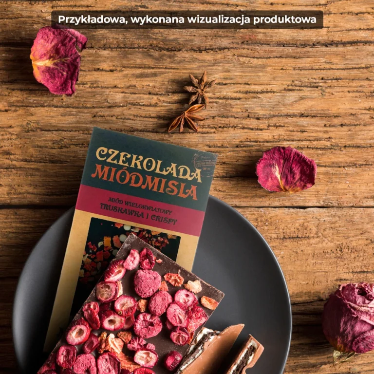 Wizualizacja produktowa MIÓDMIŚ - tabliczka czekolady z owocami na talerzu