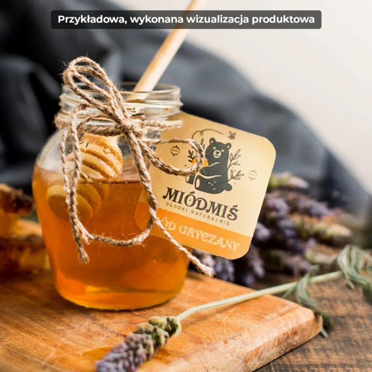 Wizualizacja produktowa MIÓDMIŚ - słoik miodu gryczanego z zawieszką i logo marki