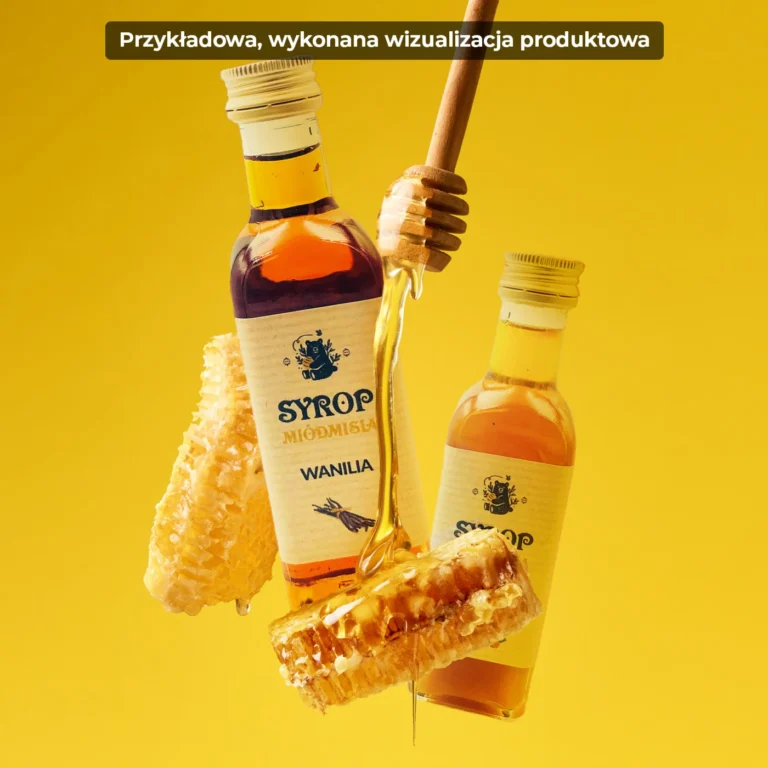 Wizualizacja produktowa MIÓDMIŚ - butelki syropu waniliowego z plastrem miodu na żółtym tle
