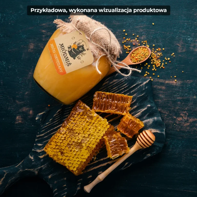Wizualizacja produktowa MIÓDMIŚ - słoik miodu gryczanego z plastrami miodu i pyłkiem