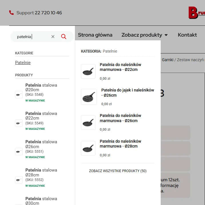 Zrzut ekranu platformy Brunbeste - wyszukiwarka produktów z podpowiedziami dla frazy patelnia