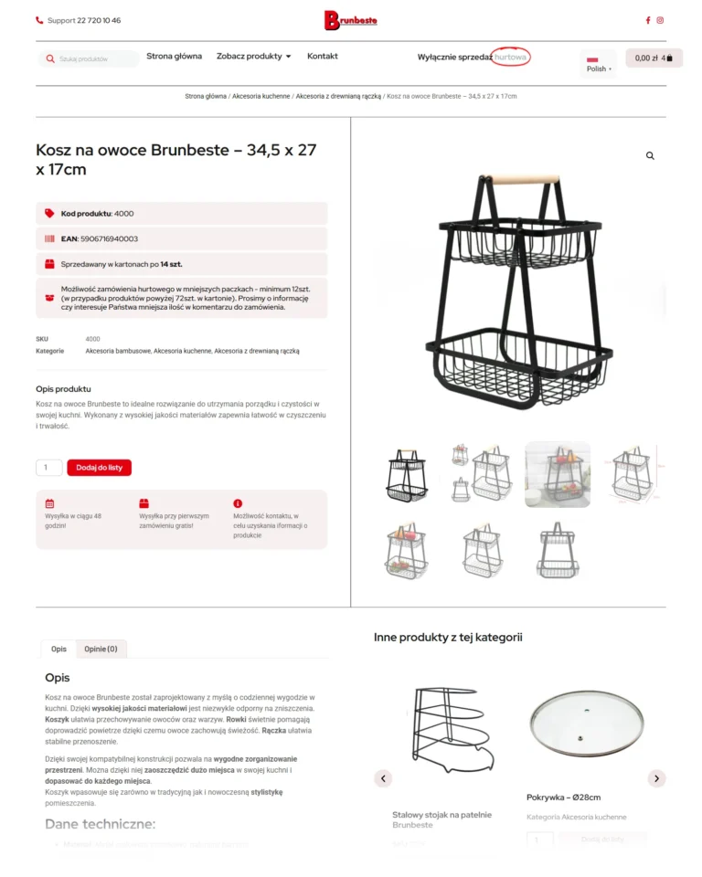 Zrzut ekranu platformy Brunbeste - karta produktu kosza na owoce z galerią i sprzedażą hurtową