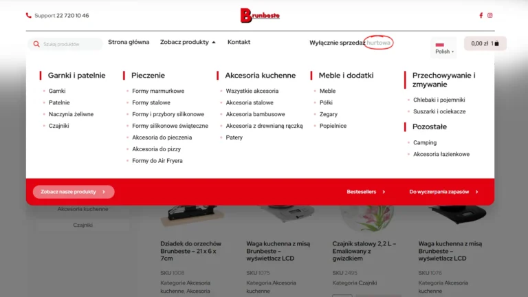 Zrzut ekranu platformy Brunbeste - rozwinięte mega menu kategorii produktów AGD