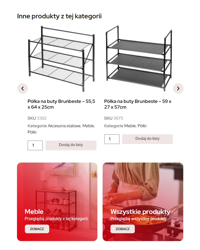 Zrzut ekranu platformy Brunbeste - sekcja innych produktów z kategorii i przejścia do mebli