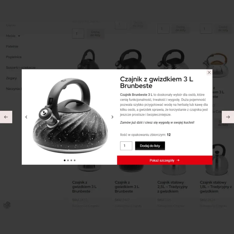 Zrzut ekranu platformy Brunbeste - szybki podgląd produktu i lista czajników z opcją dodania do listy
