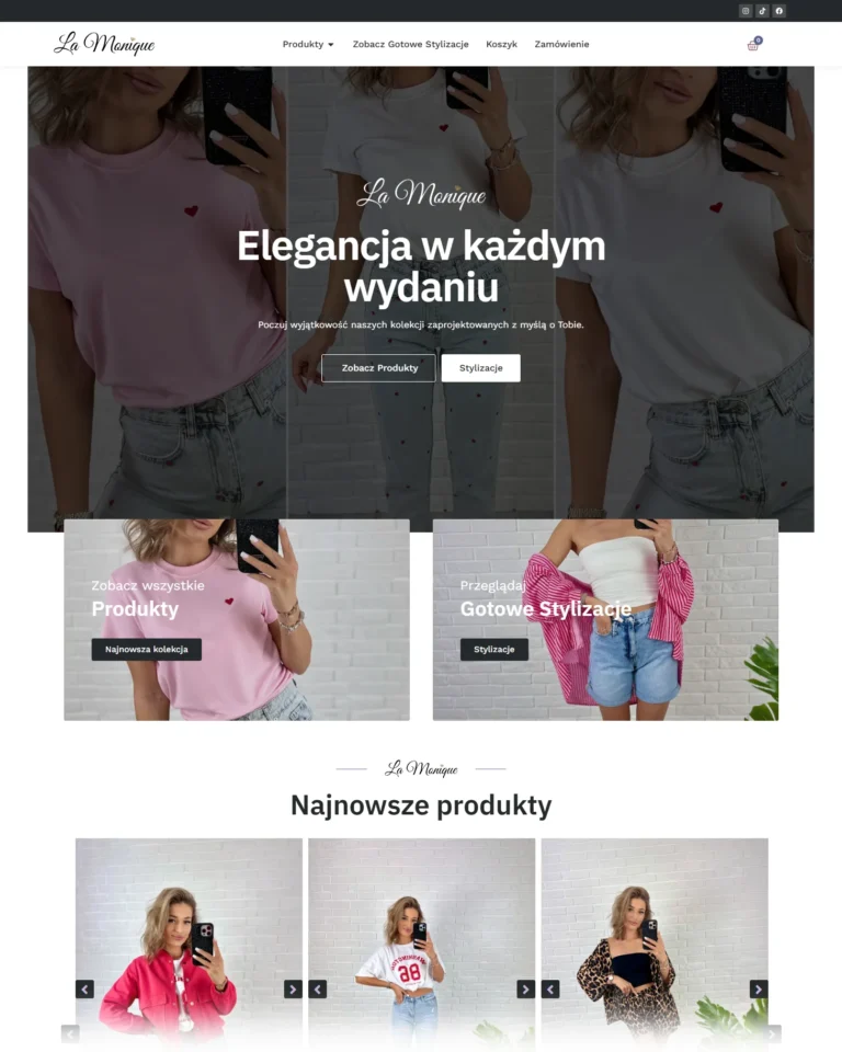 Zrzut ekranu strony głównej sklepu La Monique z hasłem Elegancja w każdym wydaniu