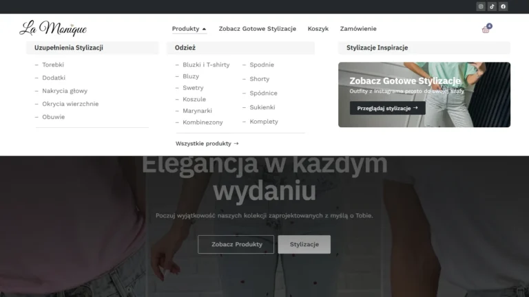 Zrzut ekranu sklepu La Monique - rozwijane menu produktów z kategoriami odzieży
