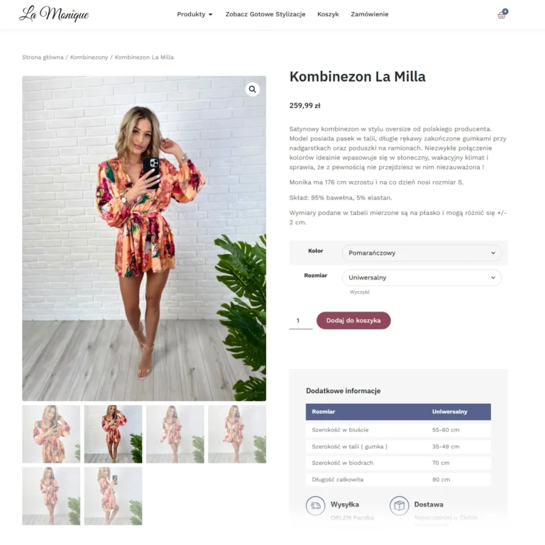 Zrzut ekranu sklepu La Monique - karta produktu kombinezon z galerią i tabelą rozmiarów