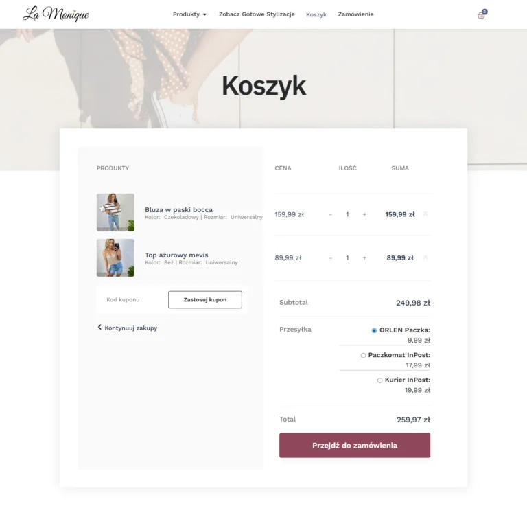 Zrzut ekranu sklepu La Monique - koszyk z produktami i wyborem sposobu dostawy