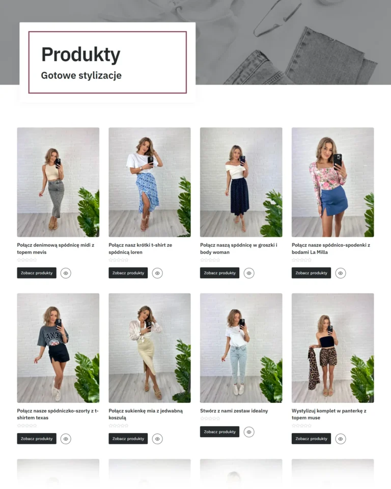 Zrzut ekranu sklepu La Monique - sekcja gotowych stylizacji z zestawami ubrań