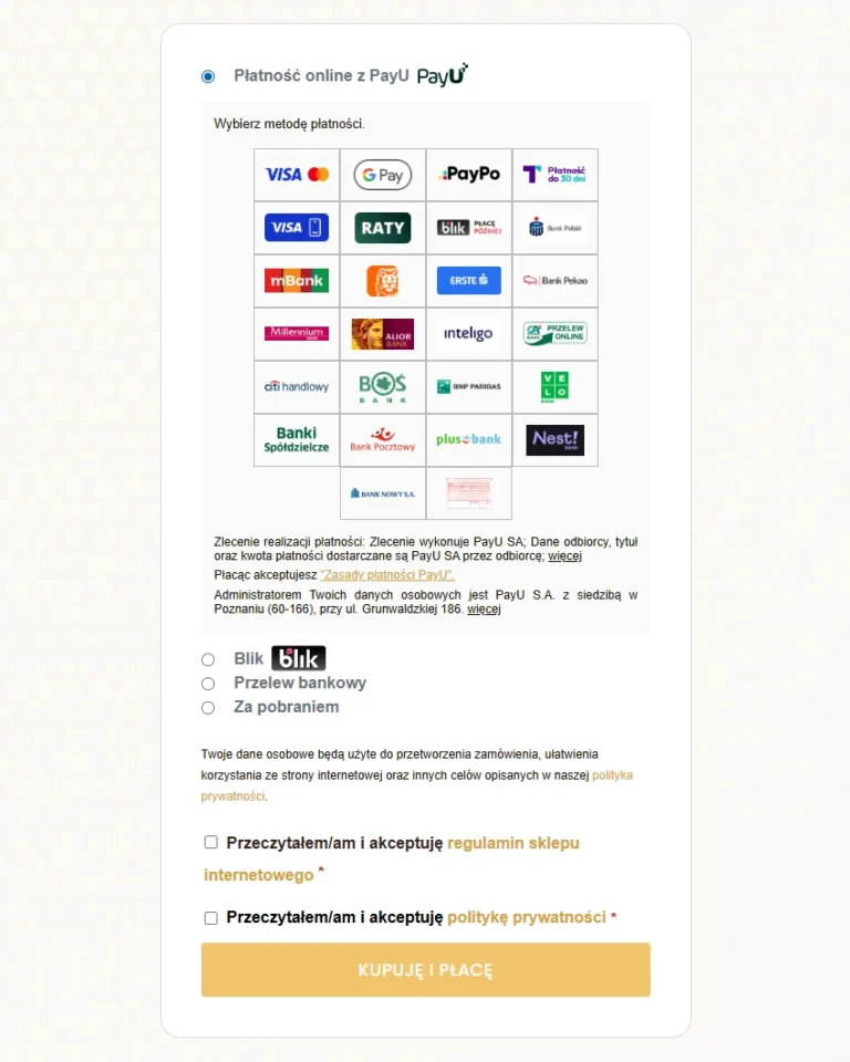 Zrzut ekranu sklepu Miodoland - wybór metody płatności online PayU w koszyku