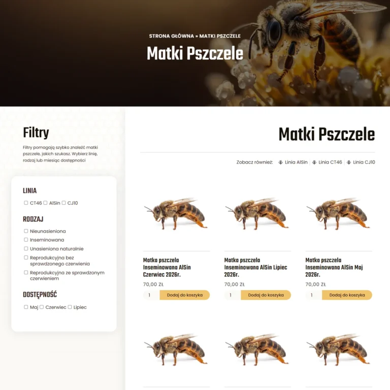 Zrzut ekranu sklepu Miodoland - lista matek pszczelich z filtrami linii, rodzaju i dostępności