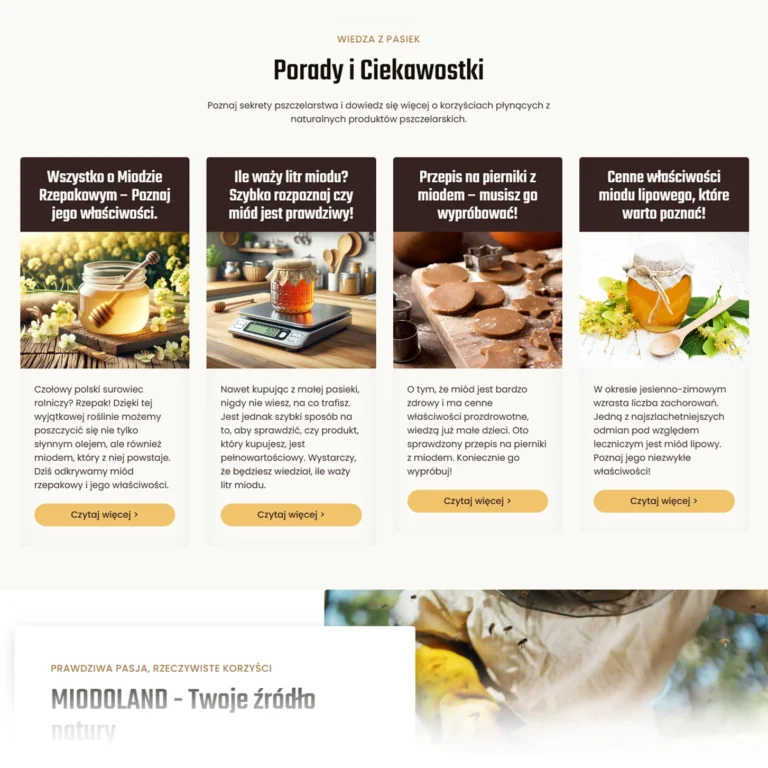 Zrzut ekranu strony Miodoland - sekcja porad i ciekawostek z artykułami bloga