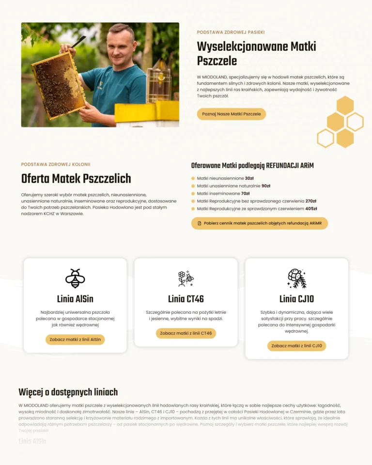 Zrzut ekranu strony Miodoland - oferta wyselekcjonowanych matek pszczelich z cennikiem i refundacją ARiMR