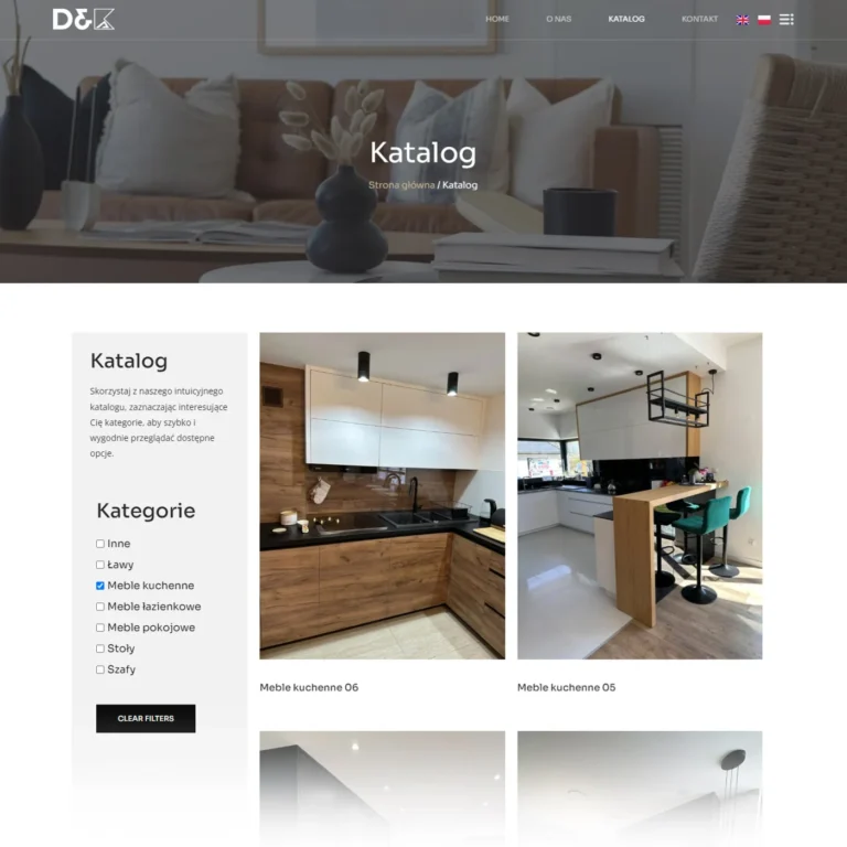 Zrzut ekranu strony D&K Furniture - katalog mebli z kategoriami i filtrowaniem