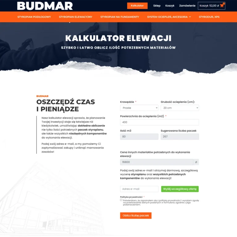 Zrzut ekranu sklepu BUDMAR - kalkulator elewacji liczący liczbę paczek styropianu