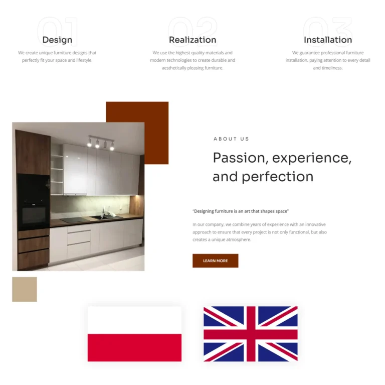Zrzut ekranu strony D&K Furniture - sekcja o firmie w wersji angielskiej z etapami projekt, realizacja, montaż