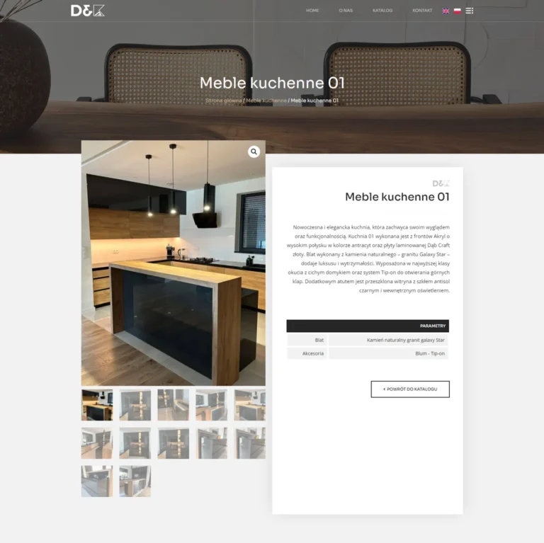 Zrzut ekranu strony D&K Furniture - karta produktu Meble kuchenne 01 z galerią i parametrami