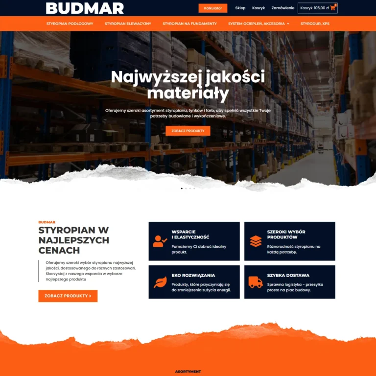 Zrzut ekranu strony głównej sklepu BUDMAR z ofertą styropianu i materiałów budowlanych