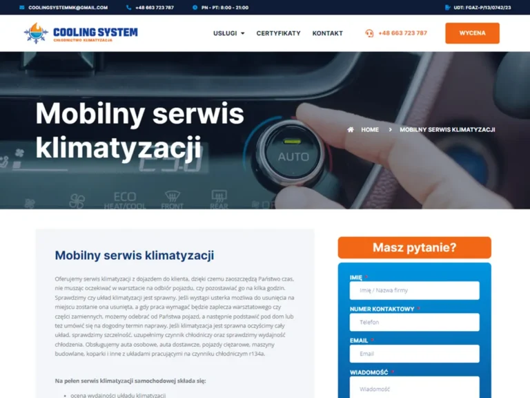Zrzut ekranu strony Cooling System - podstrona usługi mobilnego serwisu klimatyzacji z formularzem kontaktu