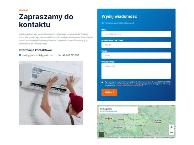 Zrzut ekranu strony Cooling System - podstrona kontaktu z formularzem i mapą obsługiwanego regionu