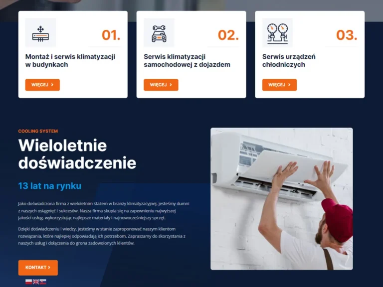 Zrzut ekranu strony Cooling System - sekcja usług i doświadczenia firmy z podziałem na montaż i serwis