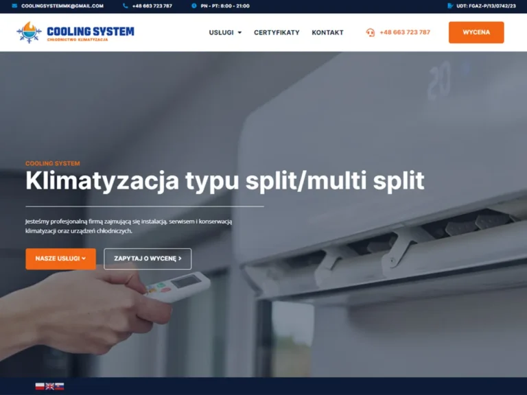 Zrzut ekranu strony głównej Cooling System z hasłem o klimatyzacji typu split i multi split