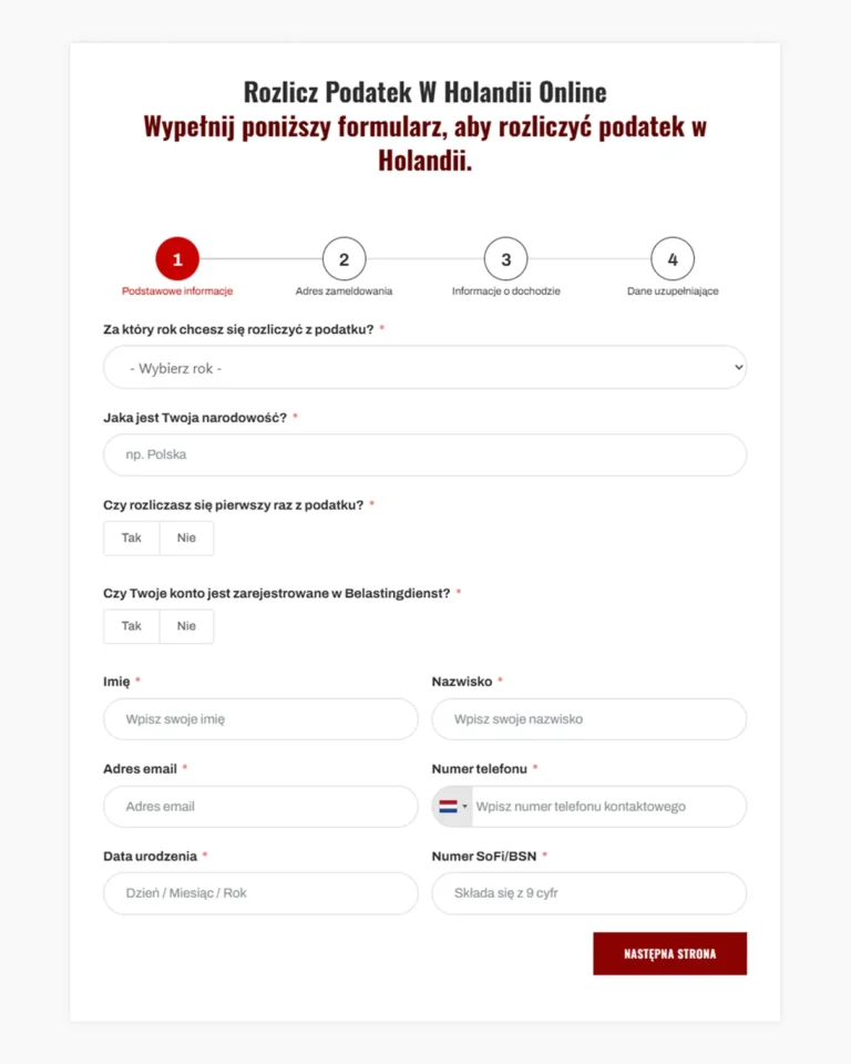 Zrzut ekranu strony PORADA ZEELAND - formularz rozliczenia podatku online