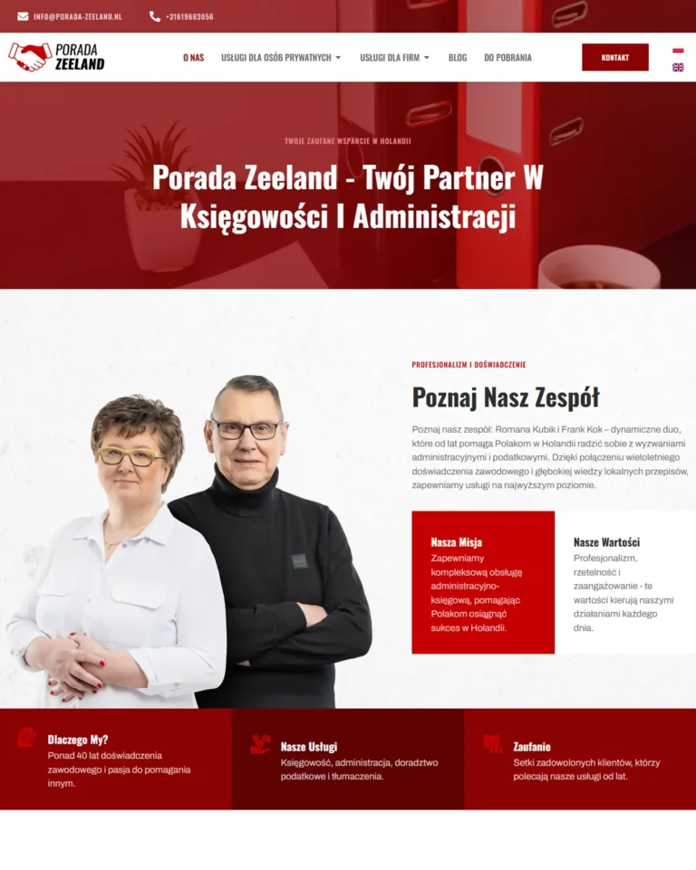 Zrzut ekranu strony PORADA ZEELAND - zespół i wartości biura rachunkowego