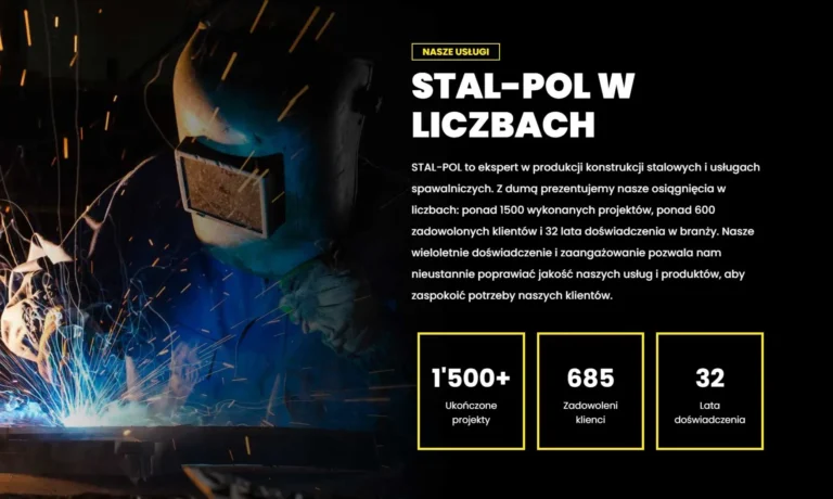 Zrzut ekranu strony STAL-POL - sekcja firma w liczbach ze statystykami projektów i doświadczenia