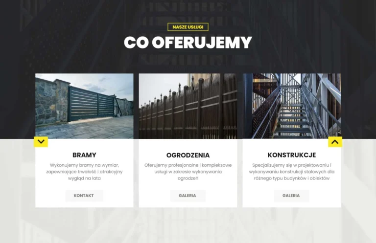 Zrzut ekranu strony STAL-POL - sekcja co oferujemy z bramami, ogrodzeniami i konstrukcjami stalowymi