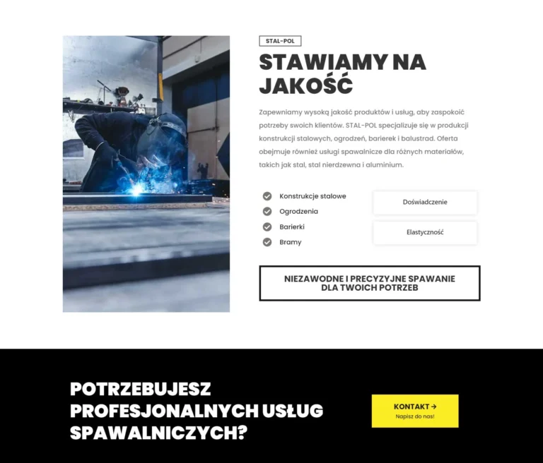 Zrzut ekranu strony STAL-POL - sekcja o jakości usług spawalniczych z wezwaniem do kontaktu